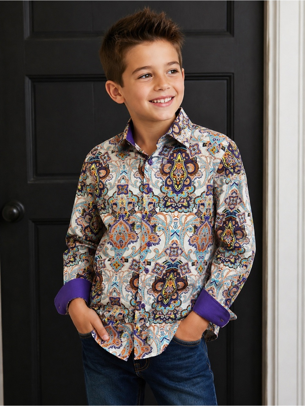Elie Balleh Boys Size 18 Paisley Button Down Shirt 100% Cotton Purple Orange